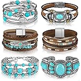Sasylvia 6 Pcs Turquoise Bracelet for Women Leather Bracelet Western Jewelry for Women Multilayer Boho Cuff Bangle Set