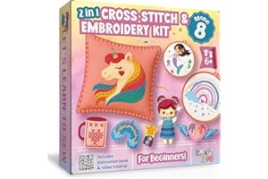 CRAFTILOO 2 in1 Cross Stitch & Embroidery Kit for Kids Ages 6+ Make 8 Projects Backpack Charms, Keyring, Doll, Wall Art, Unicorn Pillow & Card Holder Beginner Needlepoint & Creative Gift Set