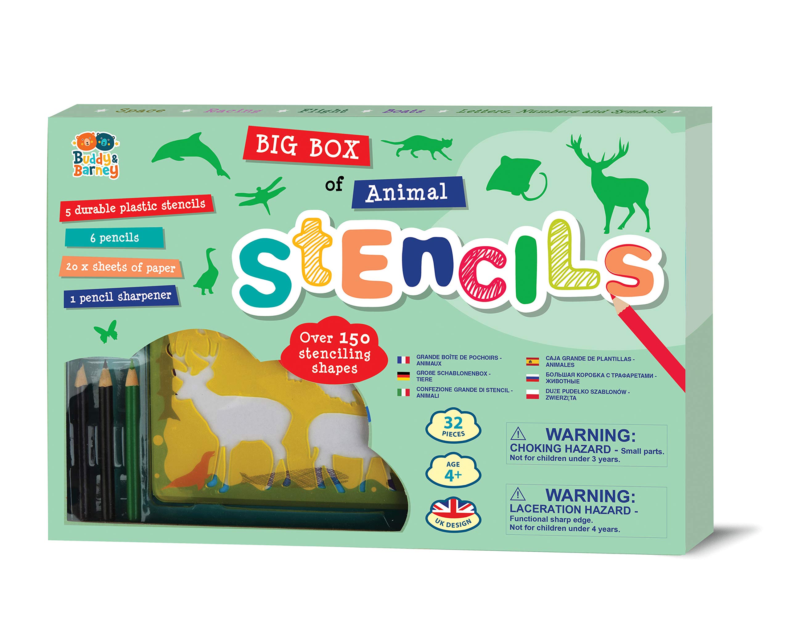 Buddy & Barney Stencils for Kids - Big Box of Animals 32 Piece Stencil Set for Kids | Large Stencils Kit including 5 Stencils, 6 Pencils & 20 Sheets of Paper | Over 150 Stenciling Shapes โ image 1