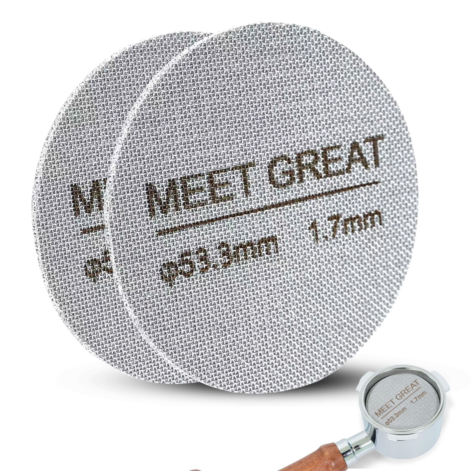 Photo 1 of Meet Great- 2 Packs 53.3mm Espresso Puck Screen, 1.7mm Thickness 150?m 316L Stainless Steel, Upgraded Reusable Coffee Filter Screen for 54mm Breville Portafilter Filter Basket