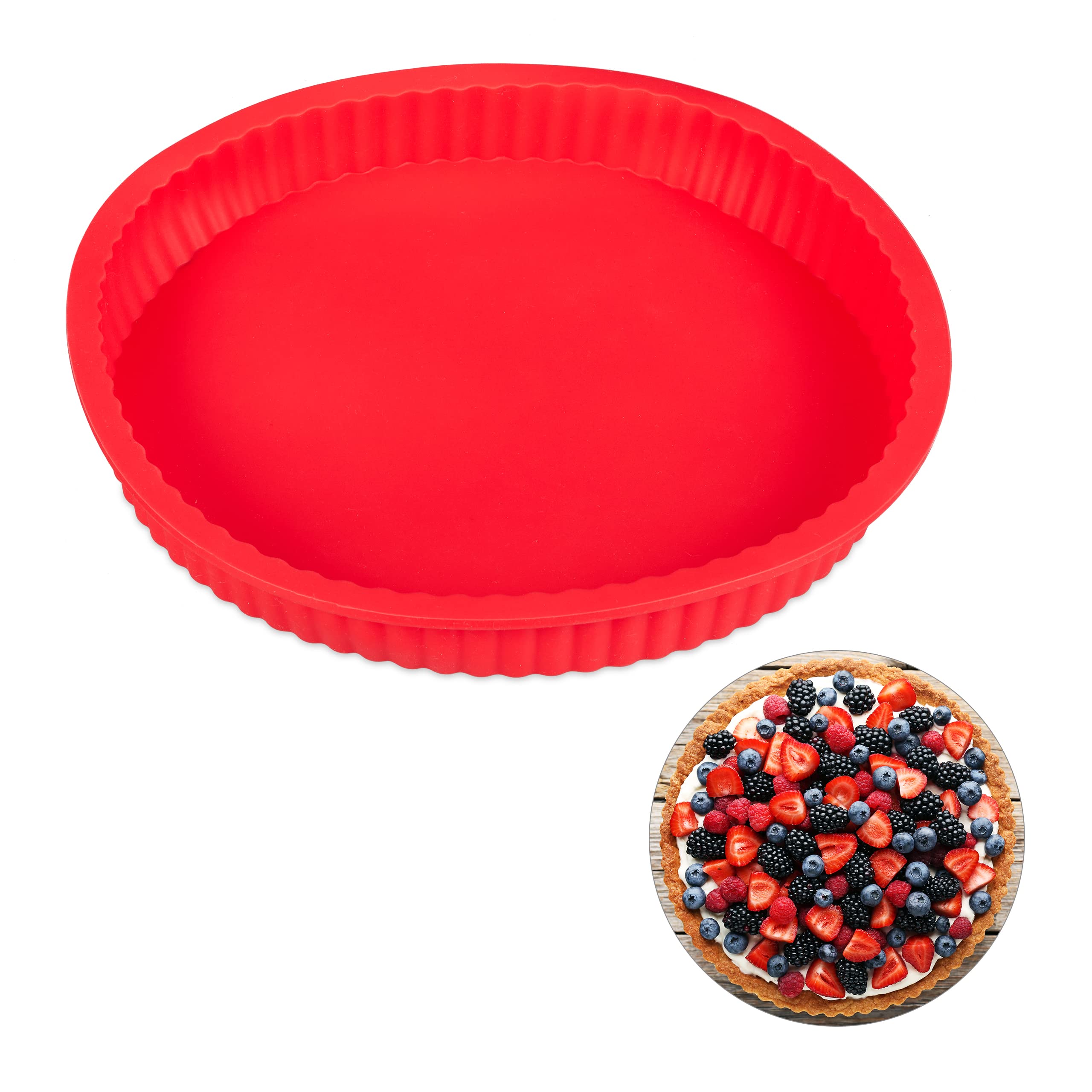 Relaxdays Flan Cake Mould, Silicone, for Quiche, Tart, Pie, Pastry Case, Dishwasher-Safe & Heat-Resistant, Ø 25 cm, Red