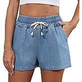XQR Women's Summer Jean Shorts Drawstring High Waisted Casual Wide Leg Denim Shorts with Pockets