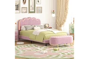 Polibi 2-Pieces Bedroom Sets Full Size Upholstered LED Platform Bed with Storage Ottoman-Velvet,Pink