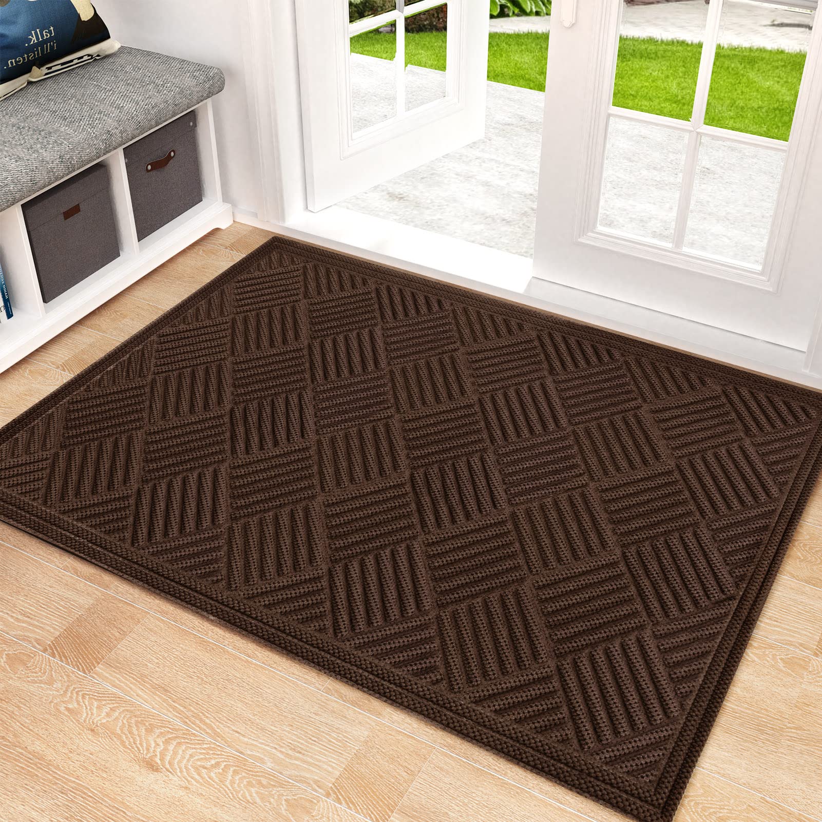 Mibao Door Mat Outdoor, Welcome Mats Outside, Large Front Door Mats, Doormat Indoor Entrance, Outdoor Mat, Anti-Slip Rubber Door Mats, Washable Entryway Mat, 24" x 36", Coffee