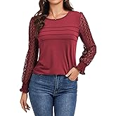 MAXTOOA Womens Long Sleeve Shirts Pleated Front Business Casual with Crewneck Lace Tunic Tops Fit Blouse for Fall