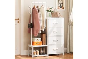 KKL Small Dresser for Bedroom with Clothes Hanging Rack, Reversible Bedroom Dresser with Shoe Rack & 4 Fabric Drawers, 3-in-1 Storage Chest of Drawers with Storage Shelves & Tree Hooks, White
