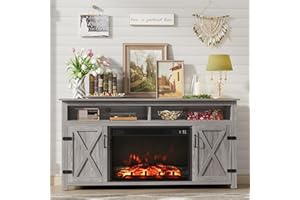 Furmax Farmhouse Fireplace TV Stand for TVs Up to 65 Inch Highboy Entertainment Center with Open Storage and Side Cabinets Rustic Media Console Table with Barn Doors for Living Room (Grey Wash)