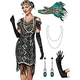 MTITE Great Gatsby Dresses 1920s for Women, Vintage Long Fringe Dress Roaring 20s Sequins Beaded Dress with Accessories Set