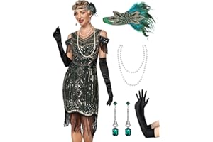 MTITE Great Gatsby Dresses 1920s for Women, Vintage Long Fringe Dress Roaring 20s Sequins Beaded Dress with Accessories Set