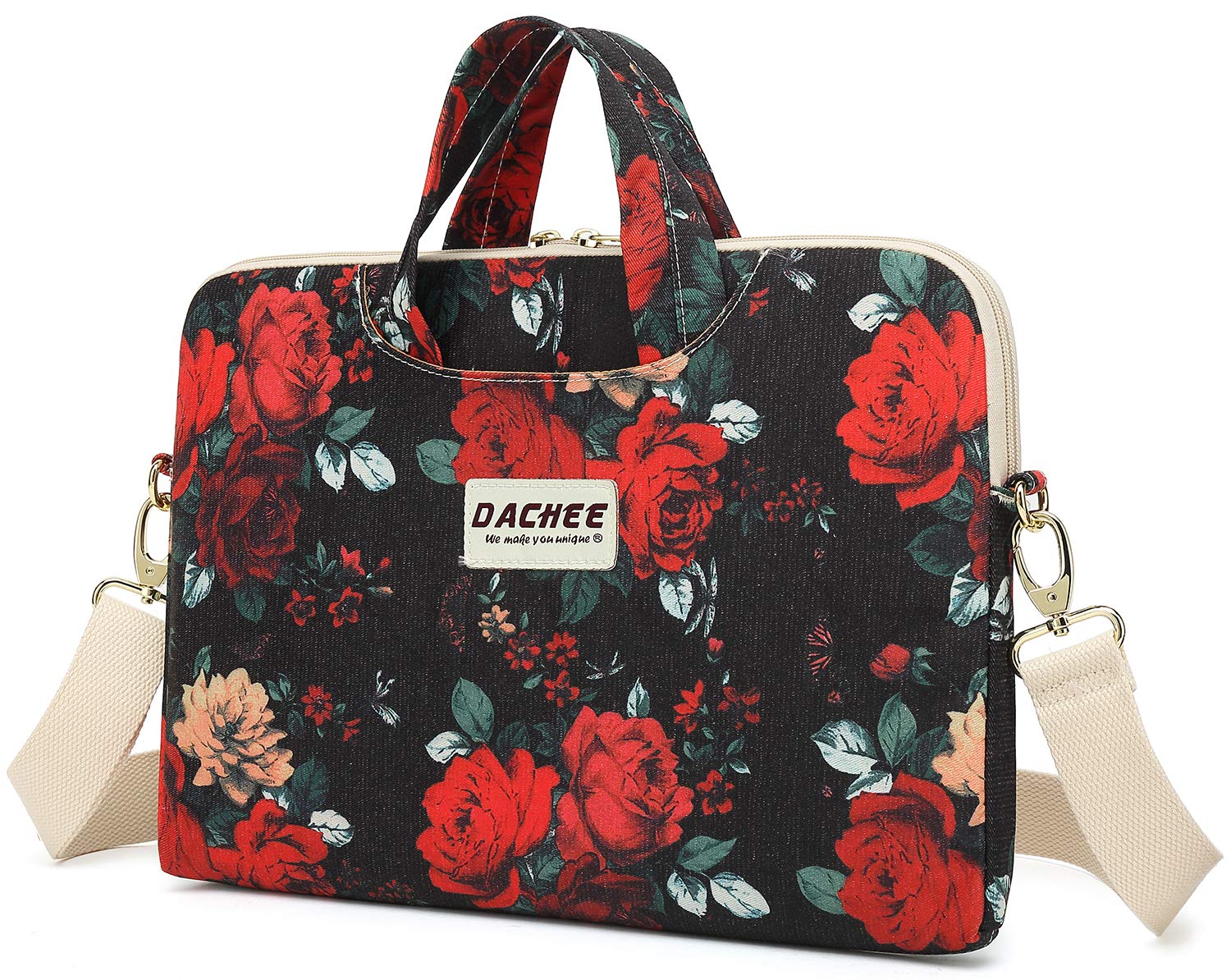 Dachee Red Rose Patten Waterproof Laptop Shoulder Messenger Bag Case Sleeve for 12 Inch 13 Inch Laptop