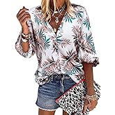 ZXZY Women's Hawaiian Shirts Long Sleeve Tropical Tops Button Down Dressy Casual Blouses