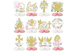 TARKLANDA 12Pcs Baptism Honeycomb Centerpieces Party Decor,Pink God Bless Cross Religious Baptism Table Centerpieces for Baby Shower First Communion Birthday Party Decorations (pink god)