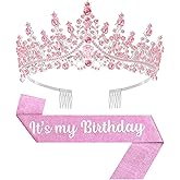 Papoopy Birthday Tiara and Crown with Sash, Birthday Tiara for Women Party (Pink)