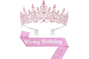 Papoopy Birthday Tiara and Crown with Sash, Birthday Tiara for Women Party (Pink)