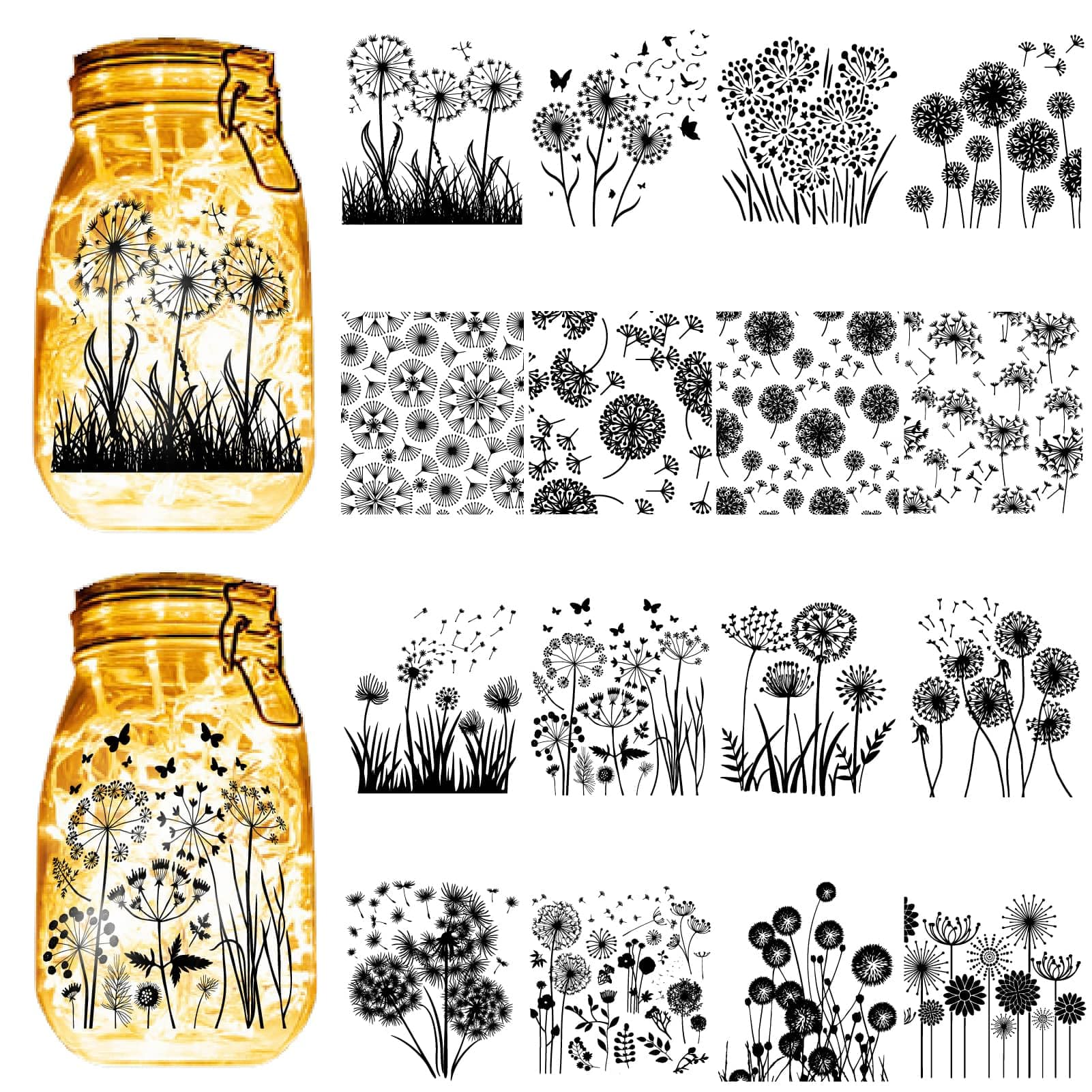 CREATCABIN 16Pcs Dandelion Theme Silhouettes Mason Jar Decor Flower Cutouts Decals Butterfly Ornaments Silhouette for Jars Lantern Wall Windows Scrapbook Decor Supplies Black 3.9x3.5Inch(No Sticker)