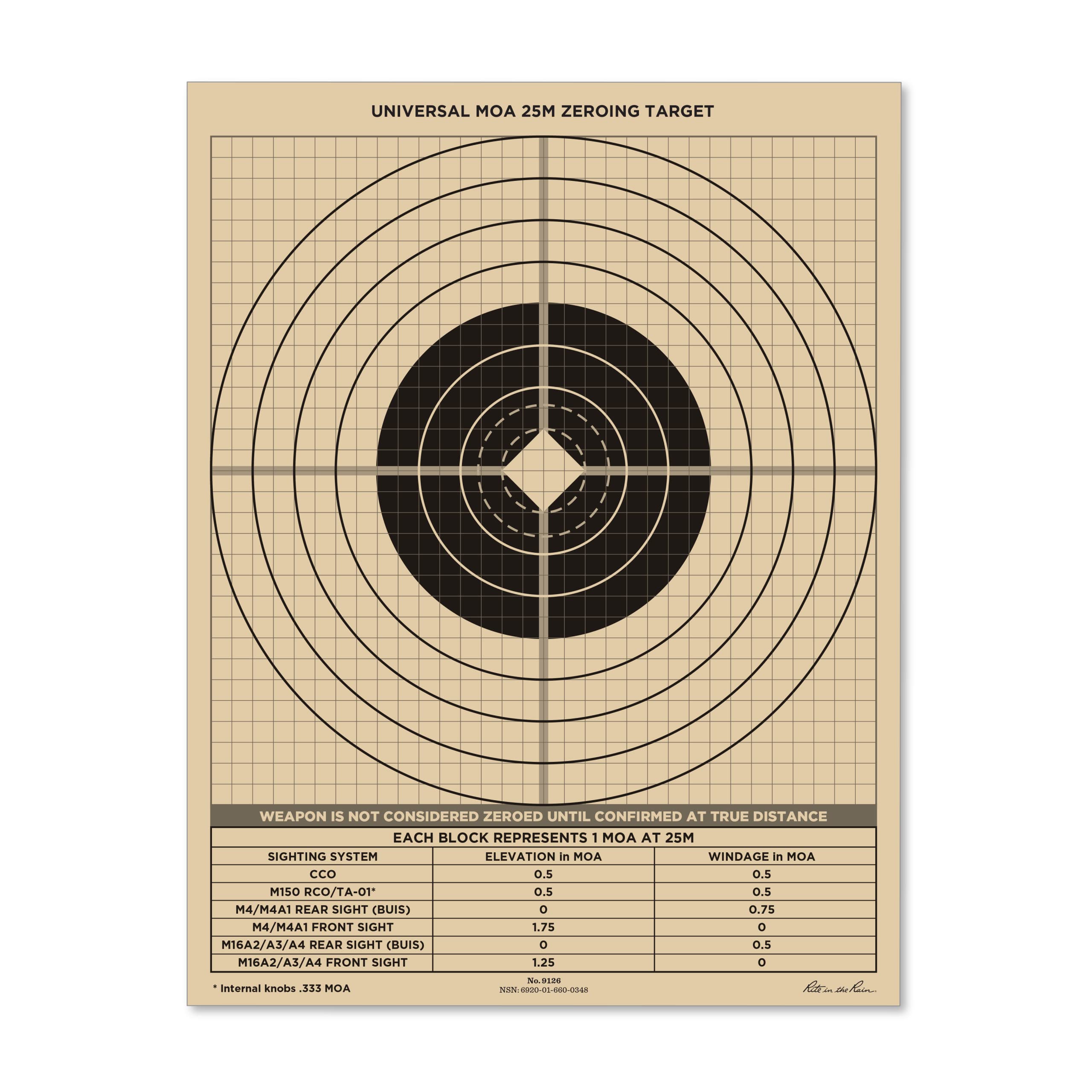 Rite in the Rain Weatherproof 25 Meter Target, 8.5" x 11", Tan, M4/ M16 Short Range Front, M4/ M16 Graphic Training Back, 100 Sheet Pack (No. 9126)