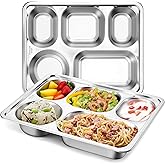 HaWare 2-Pack Stainless Steel Divided Plates Tray for Toddler Kids Adults, Rectangular Portion Control Dinner Plates with 5-Compartment, Metal Tray for Lunch Camping Dinner, Reusable Serving Platter