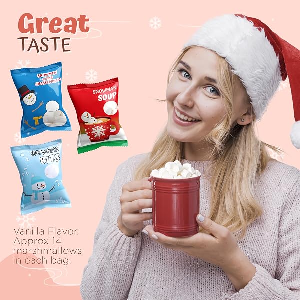 4E’S NOVELTY 24 PACKETS 3 ASSORTED CHRISTMAS MINI MARSHMALLOWS – INDIVIDUALLY WRAPPED SNOWMAN MARSHMALLOWS PACKS FOR HOT CHOCOLATE & HOT COCOA TOPPERS, VANILLA FLAVORED