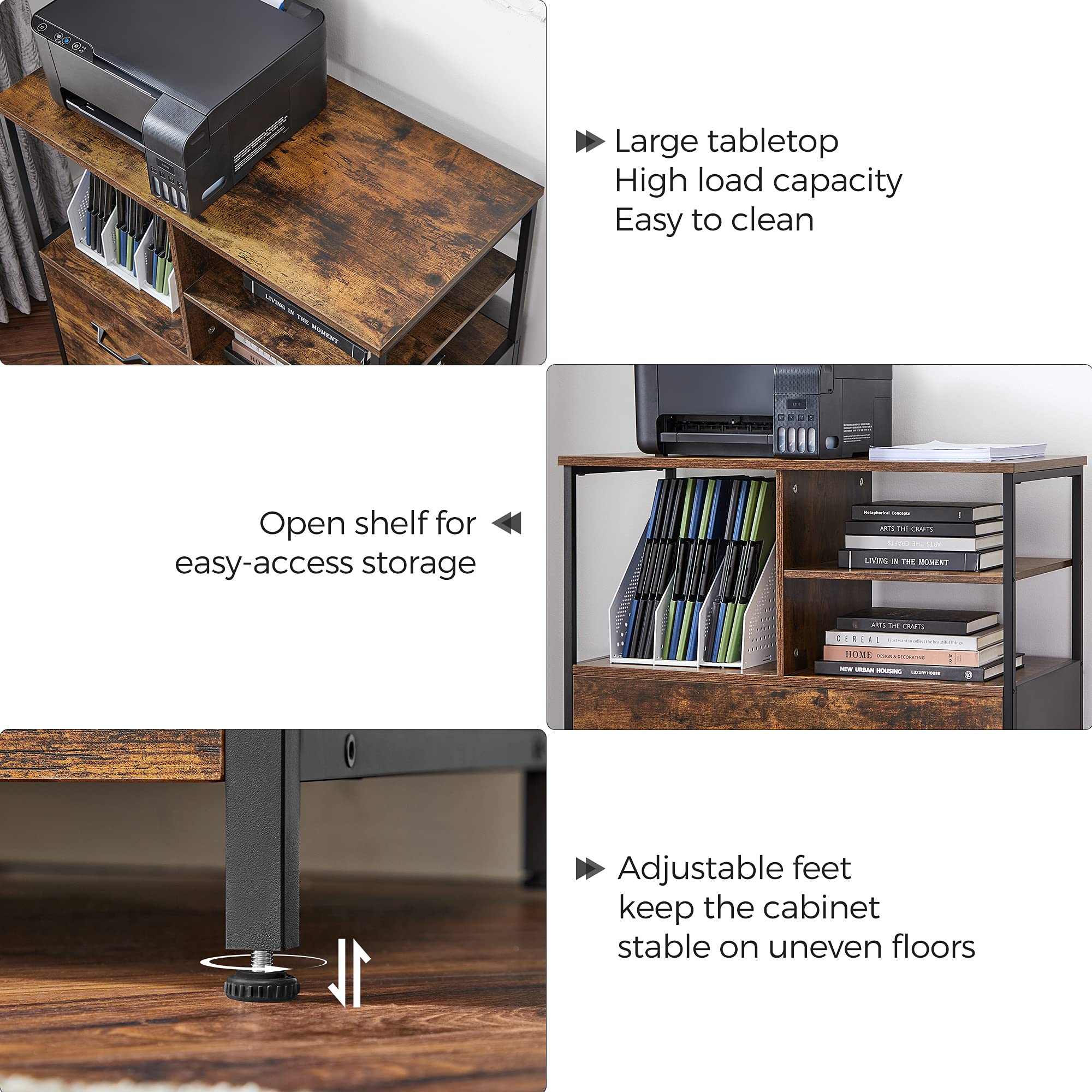 VASAGLE Lateral File Cabinet with Open Shelves and Drawer, for A4, Letter and Legal Sized Documents, Printer Stand, Rustic Brown + Black