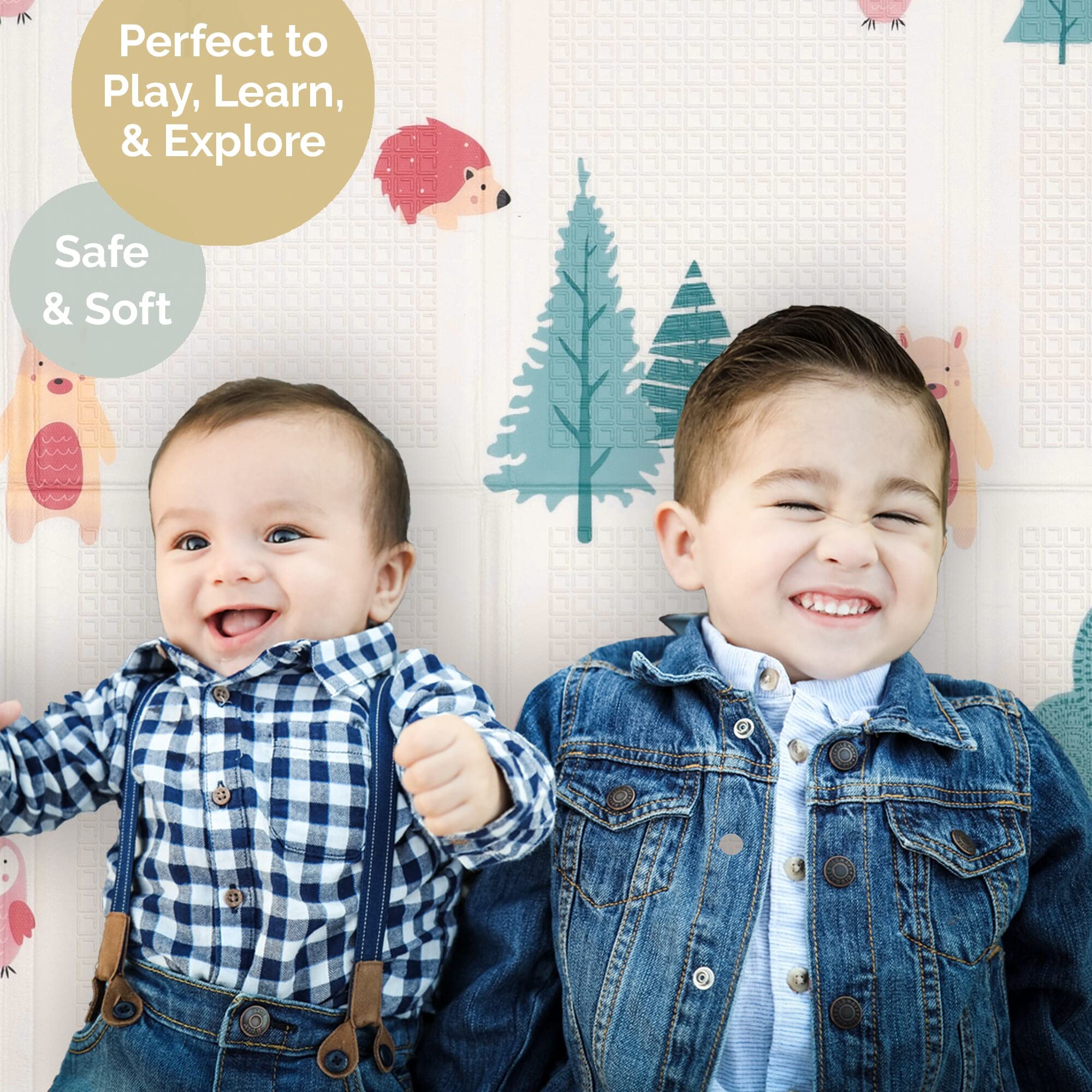 JumpOff Jo - Large Waterproof Foam Padded Play Mat for Infants, Babies, Toddlers, Play Pens & Tummy Time, Foldable Activity Mat, 70 in. x 59 in. - Woodland Rainbow