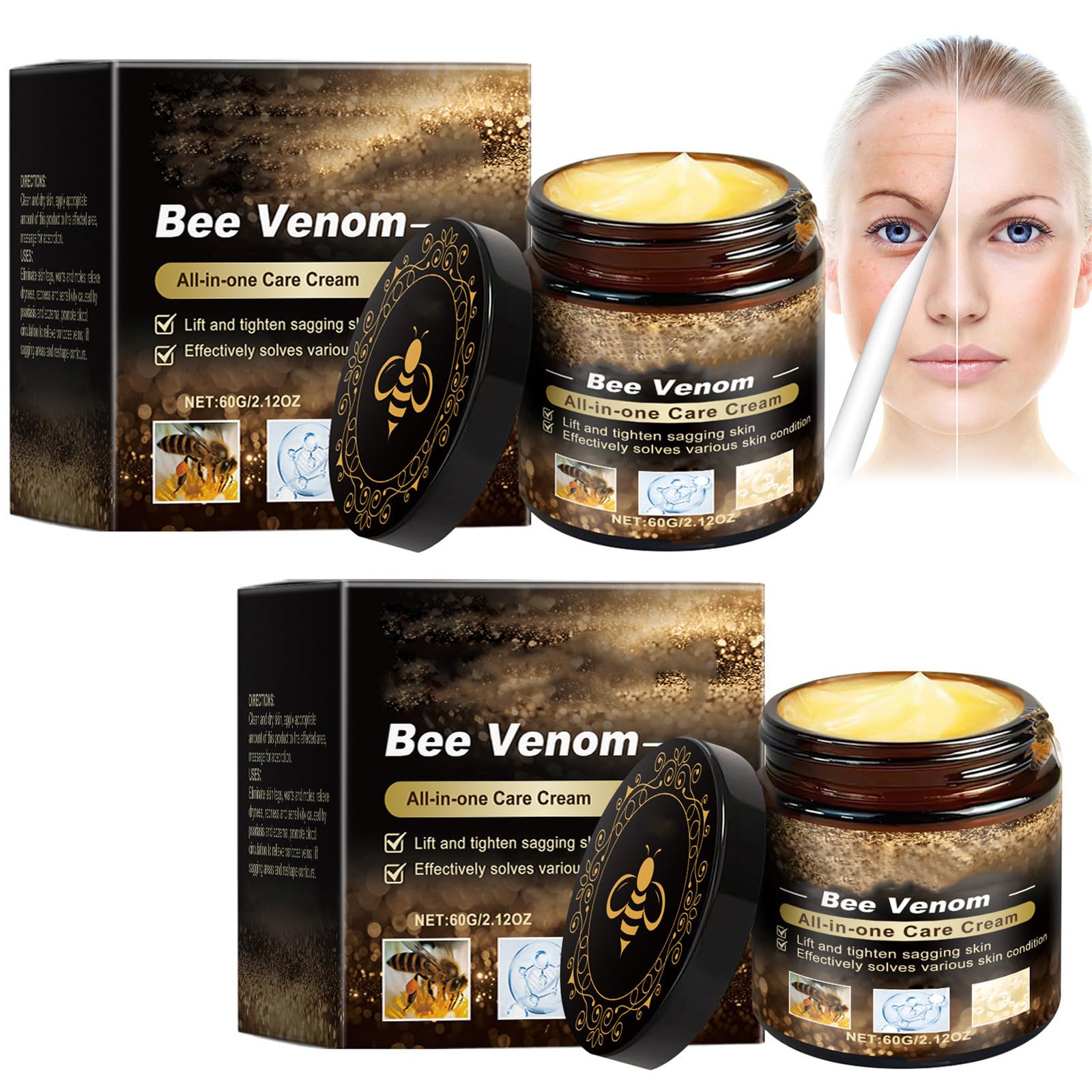 Photo 1 of 2 Pcs Bee Venom All-in-One Cream, Bee Venom Wrinkle Removal Cream, Anti-Aging Lifting & Firming Moisturizing for All Skin Types