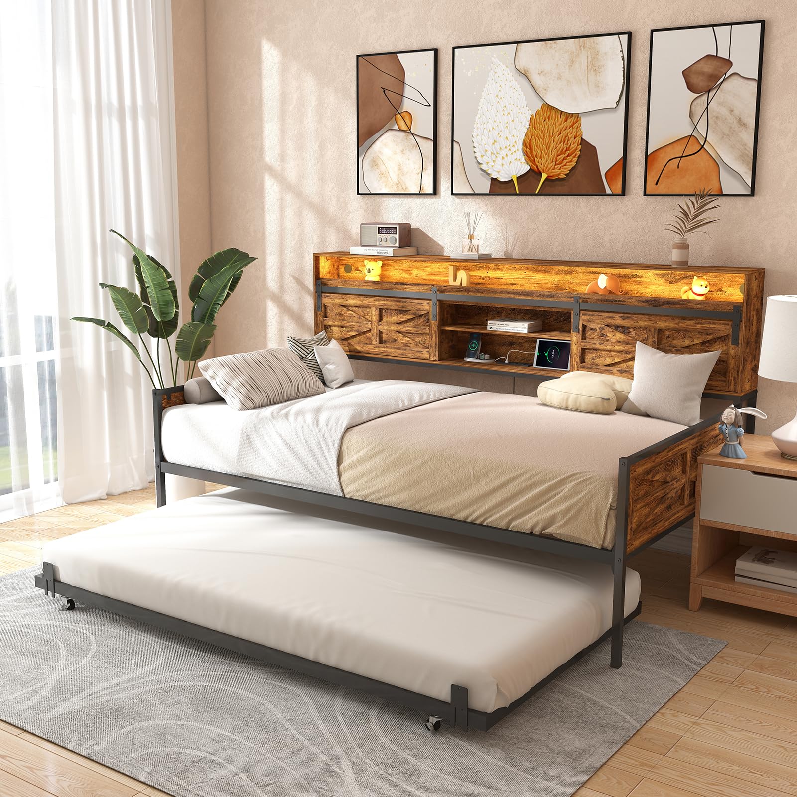 Photo 1 of Zevemomo Twin Daybed with Trundle, Rustic Farmhouse Day Bed Frame with Sliding Barn Door Headboard LED Lights and Charging Station, Heavy Duty Metal Daybed for Living Room Bedroom Guest Room, Brown