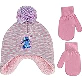 Disney Stitch Beanie Hat and Gloves Set, Toddlers Marled Peruvian Winter Knit Cap with Pom and Matching Mittens, Pink, One Size