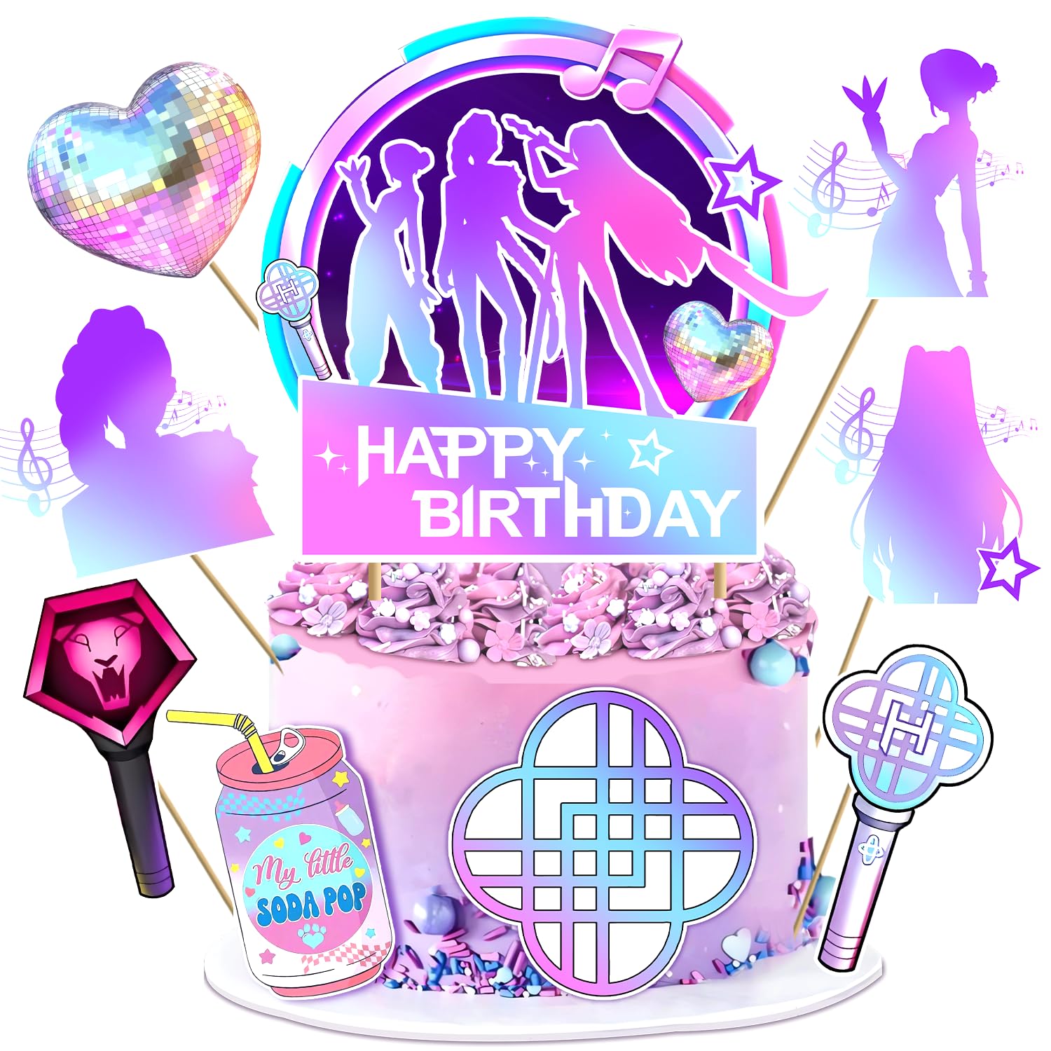 Popular Birthday Cake Topper, Cartoon Cake Decorations Include 1pc Happy Birthday Glittery Cake Topper and 8pcs Cupcake Topper, Fantastic Popular Birth day Party Decorations for Girls