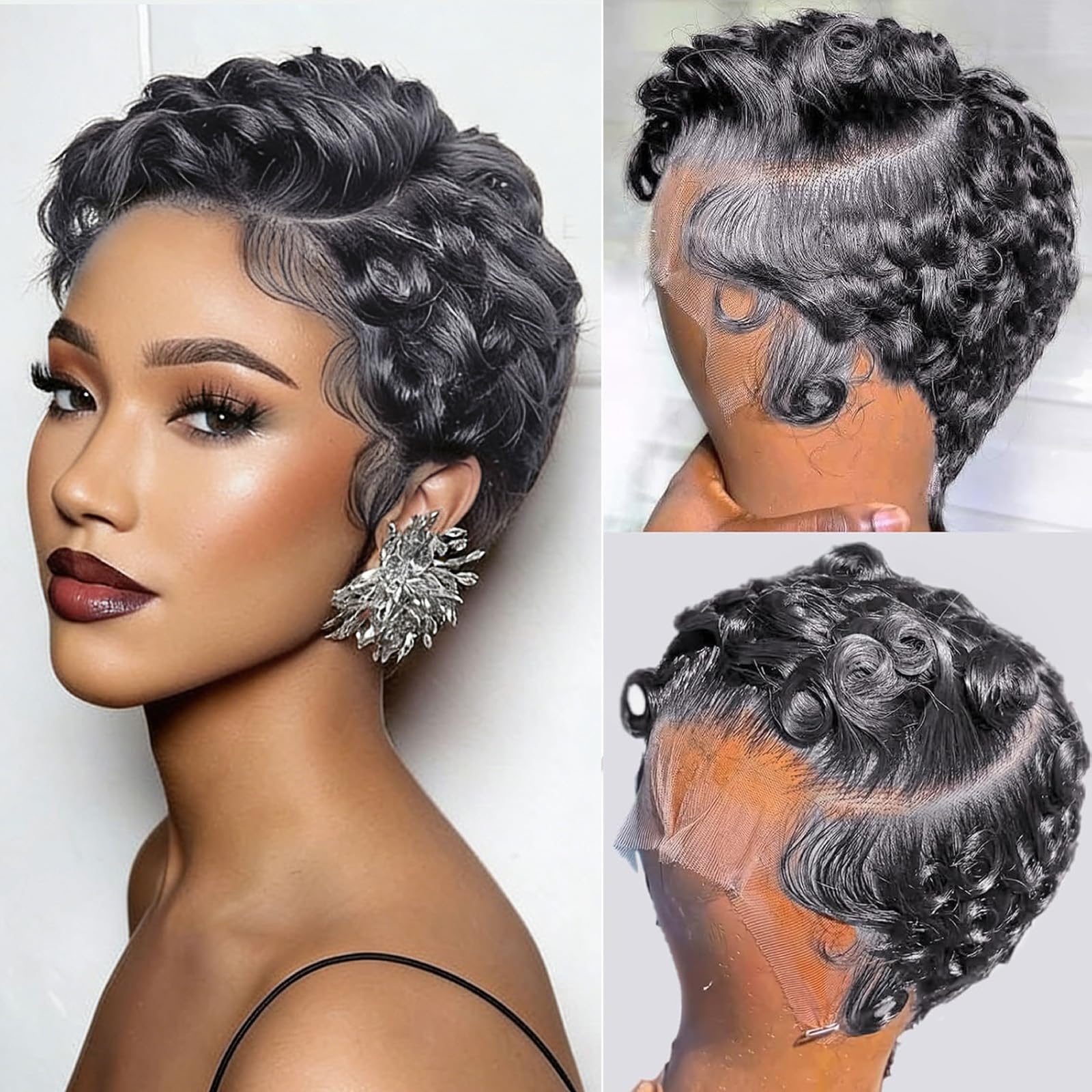 Photo 1 of CRYSTALHAIR Dark Grey 13X4 Lace Front Curly Pixie Cut Wig Human Hair Wigs, Dark Grey 13x4 HD Lace Frontal Wigs Short Layered Curly Glueless Wig Deep Wave Pixie Cut Human Hair Wigs for Black Women