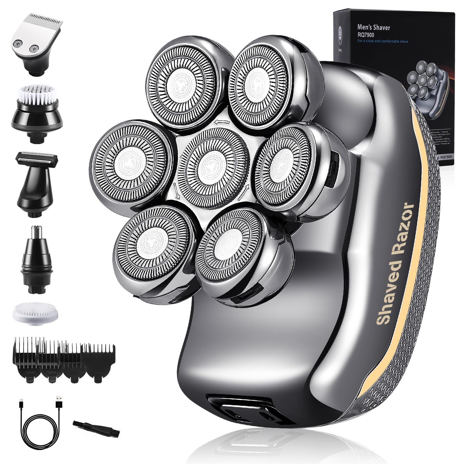 Head Shaver for Bald Men: Electric Wet&Dry Waterproof Cordless Electric Razor, 6-in-1 Rotary Shaver Grooming Kit with Nose Beard Trimmer Hair Clipper