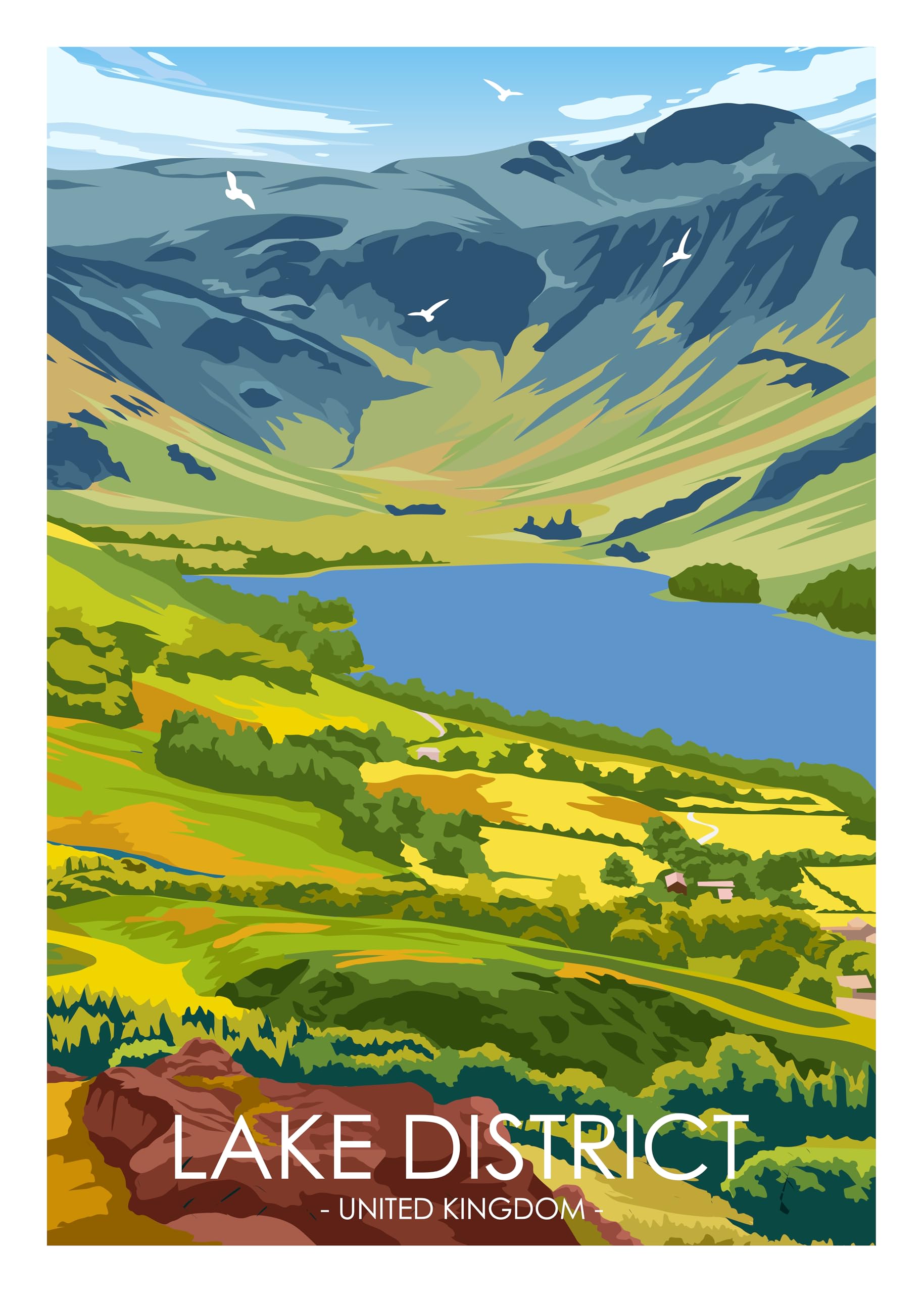 Hewson's Gifts UK Travel Print UK Cities and Shires, Handmade Print Of The Beautiful Places of United Kingdom, UK Artwork Wall Art Poster For New Home Kitchen Print (Lake District, A4 Unframed Print)