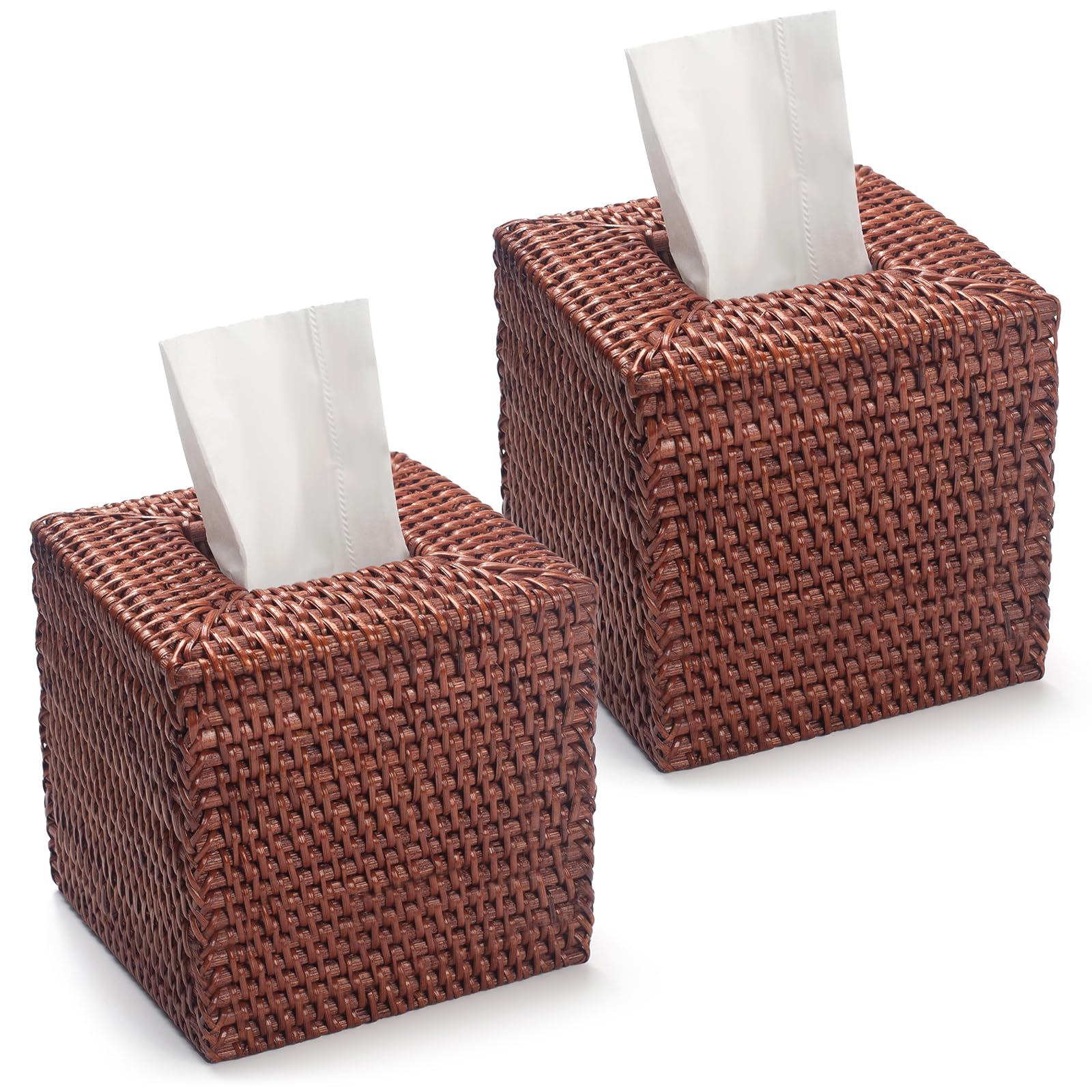 Photo 1 of 2 Pack Square Rattan Tissue Box Cover, Hand Woven Wicker Tissue Holder, 5.5 x 5.5 X 5.7 inches, Brown