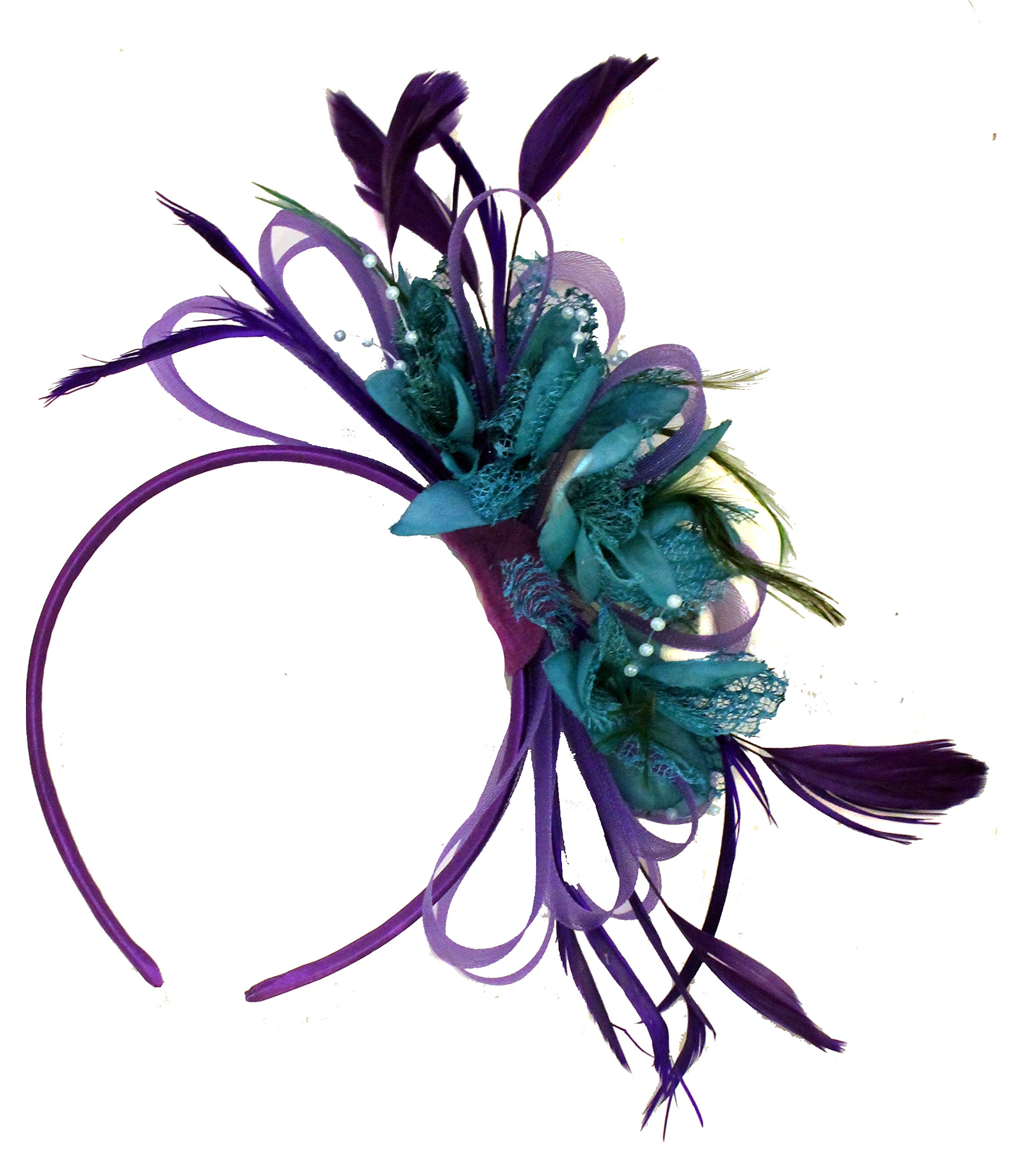 Caprilite Fashion Purple and Teal Net Hoop Feather Hair Fascinator Headband Wedding Royal Ascot Races