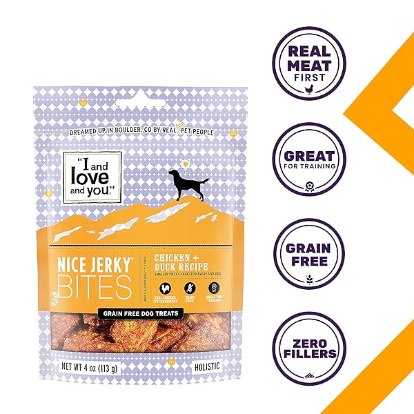 I AND LOVE AND YOU NICE JERKY BITES – GRAIN FREE DOG TREATS, CHICKEN + DUCK, 4-OUNCE, PACK OF 1