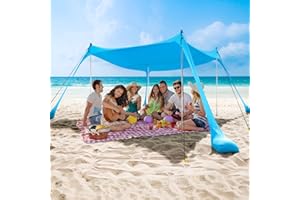 COMMOUDS Beach Tent, Camping Sun Shelter with UPF50+ Protection, Sand Shovels, Ground Pegs and 4 Stability Poles, Outdoor Pop