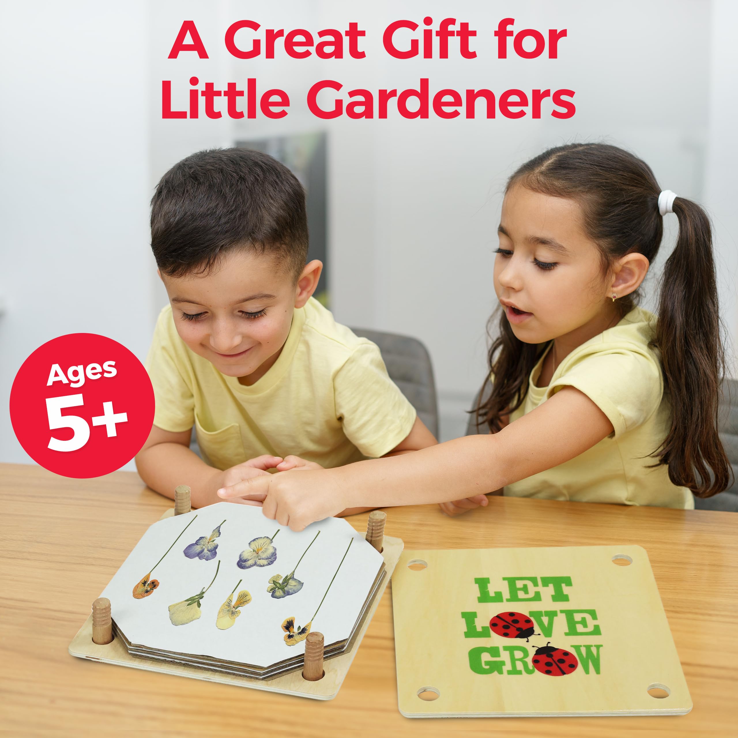 Gardening Pretend Play Set & Flower Press Kit - Kids Gardening Set with Apron, Pair of Gloves, 3 Garden Tools, Wooden Flower & Leaf Press - Safe Outdoor Tools for Kids & Teens