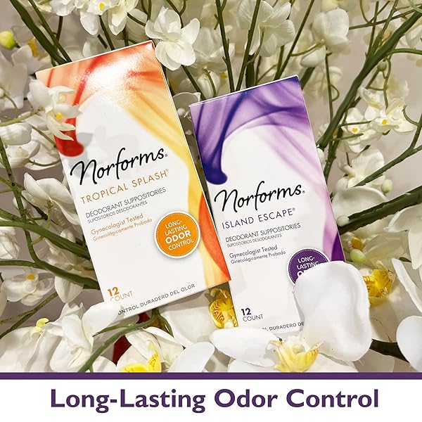 NORFORMS FEMININE DEODORANT SUPPOSITORIES, LONG LASTING ODOR CONTROL, ISLAND ESCAPE SCENT, 12 COUNT DEODORANT SUPPOSITORIES IN EACH BOX (PACK OF 3)