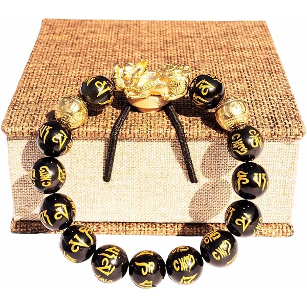 Feng Shui Black Agate Wealth Bracelet - Gold Flying Dragon Beads With Wooden Meditation Beads For Men & Women