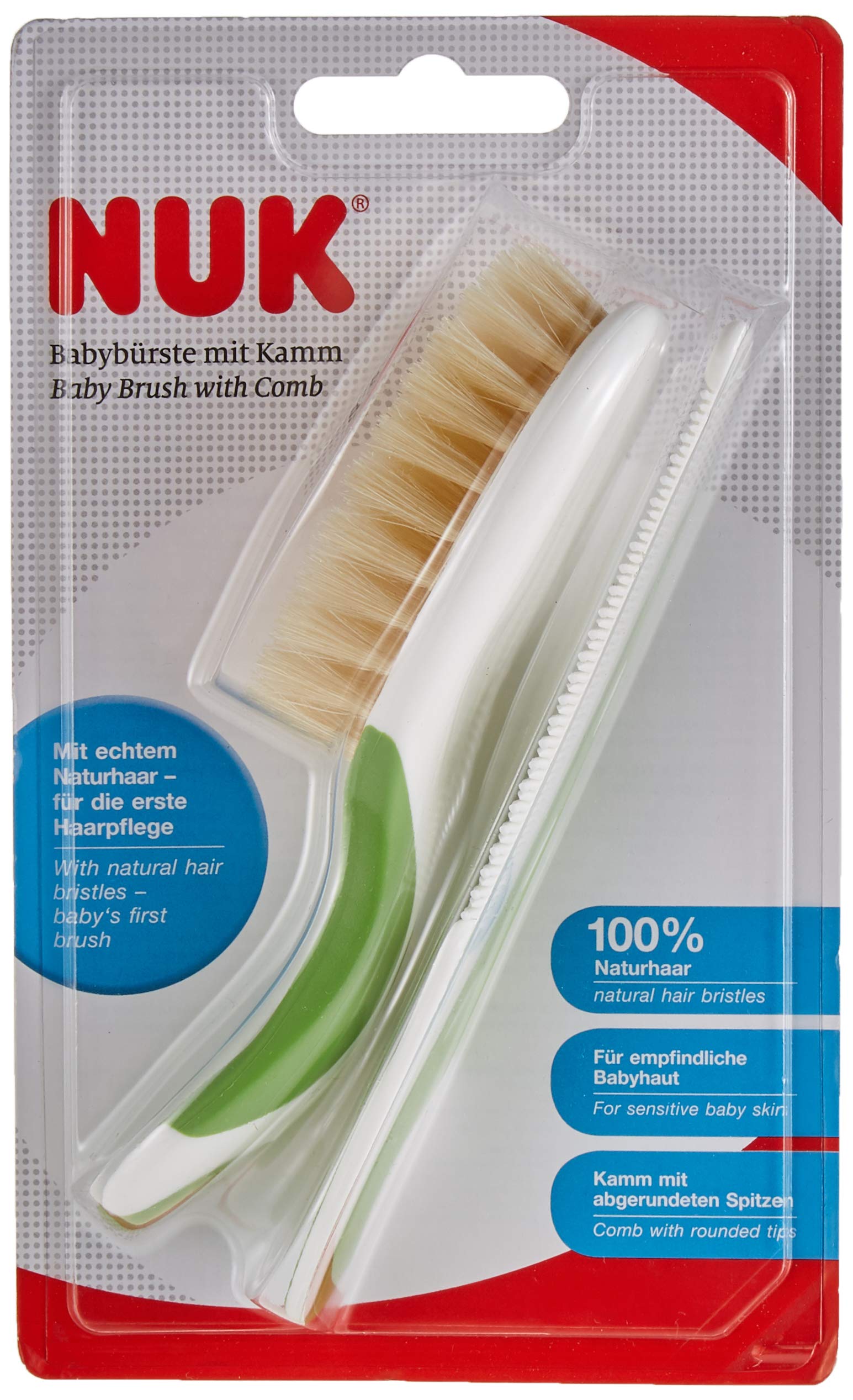 NUK Baby Brush Made of 100% Natural Hair with Comb with Rounded Tips, 1 Piece, Green