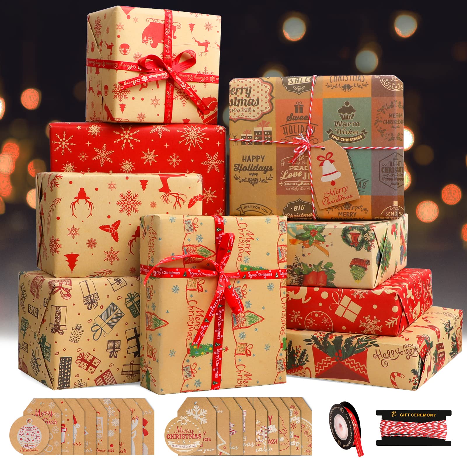 Qhui Christmas Wrapping Paper, Recyclable Brown Kraft Gift Parcel with Tags Ribbons, Luxury Red Santa Snowflake Reindeer Pattern Papers for Kids Boys Girls (12 Sheets, 70x50cm (7pcs), 70x100cm (3pcs))