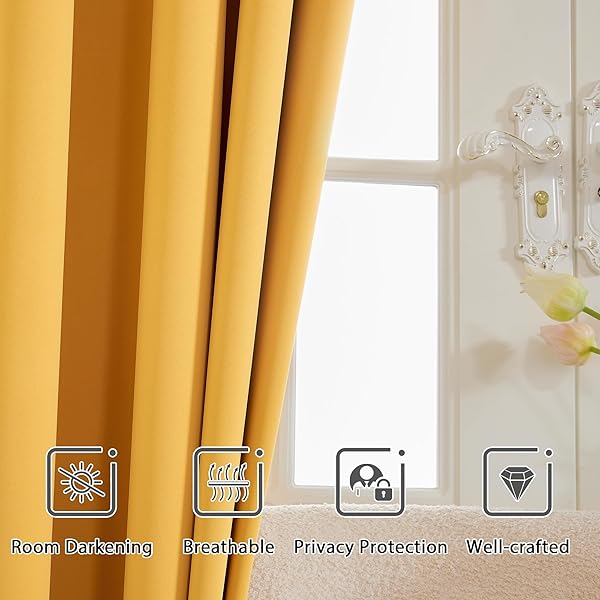 YELLOW OCHRE ROOM DARKENING CURTAINS THERMAL INSULATED DRAPES SOLID WINDOW TREATMENT SET GROMMET TOP LIGHT BLOCKING BLACKOUT CURTAIN FOR LIVING ROOM/BEDROOM (2 PANELS,W52 X L96 INCH,YELLOW OCHRE)