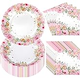 Umigy 100 Pcs Pink Floral Paper Plates and Napkins Set, Tea Party Disposable Tableware Party Supplies for Bridal, Baby Shower, Birthday, Mother's Day, Serves 50