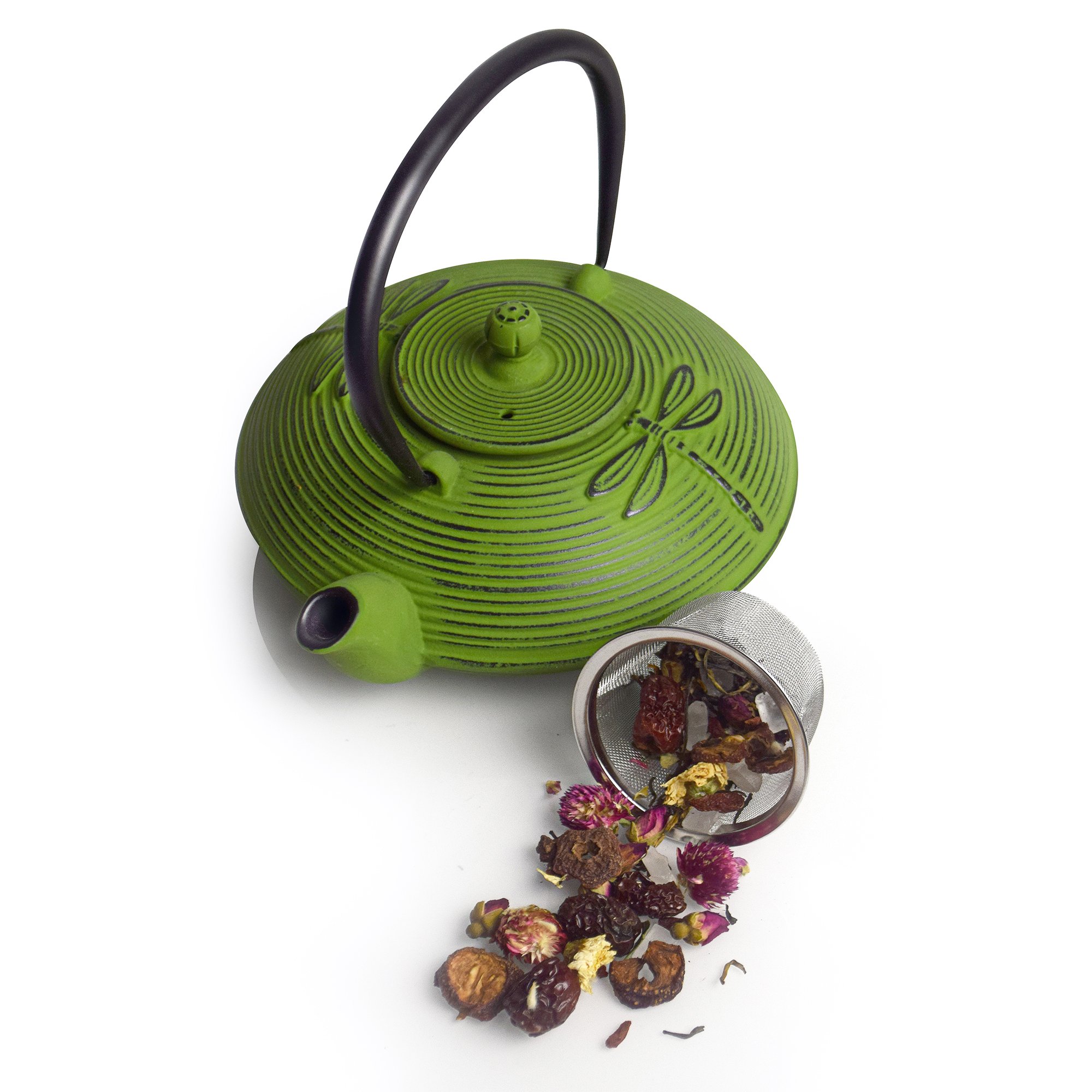 Primula Cast Iron Teapot Green Dragonfly Design w/Stainless Steel