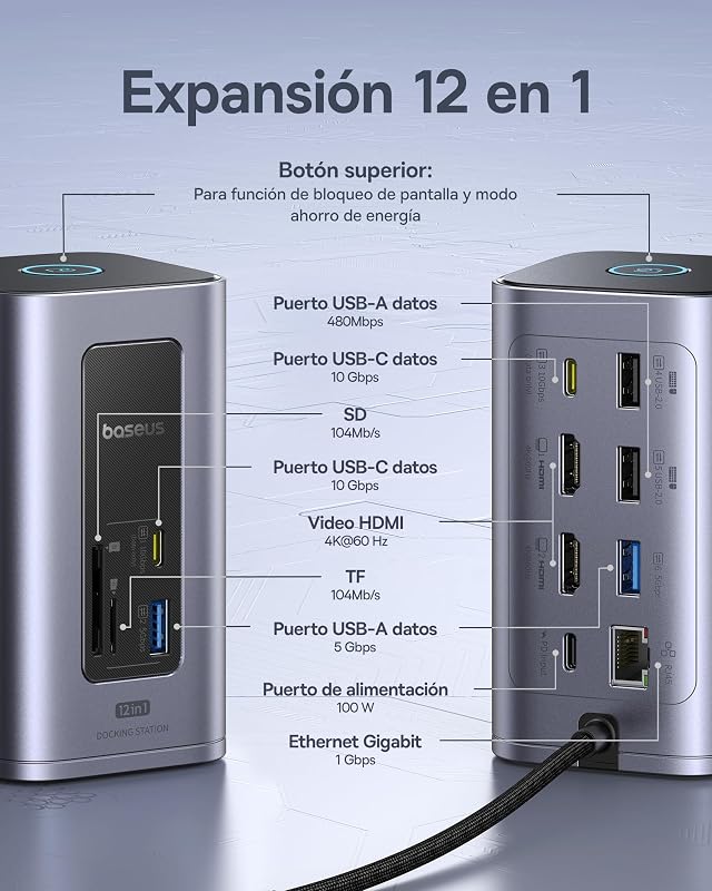 Estação de Acoplação, Nomos Air 12 em 1, Estação de Acoplamento de 2 Monitores com HDMI 2 * 4K, USB-A/C 10Gbps, Ethernet de 1 Gbps, PD de 100W, hub USB-C para portáteis DELL/HP/Lenovo/ASUS/Acer/Mac