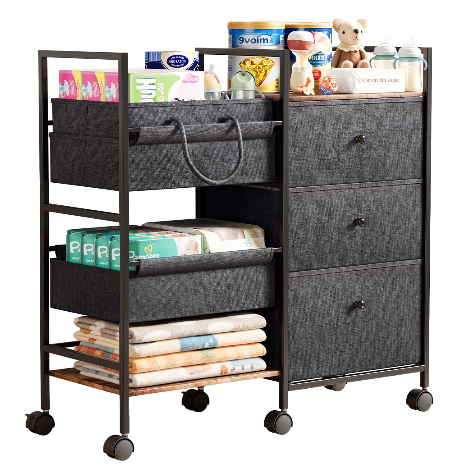 Photo 1 of 2-in-1 Baby Diaper Caddy Organizer and Storage-3 Tier Rolling Baby Cart with Dividers and Drawers, Baby Essentials for Nursery Storage, Mobile Utility Cart with Wheels Large Capacity Easy To Assemble