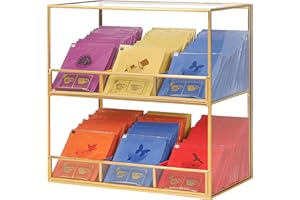REDHUGO Glass Tea Bag Organizer for Counter, 2-Tier Teabag Organizer Storage Holder for Tea Bags, Glass Caddy Box Containers, Rack Teabag Station Stand for Cabinet Kitchen, 2-Tier, Gold