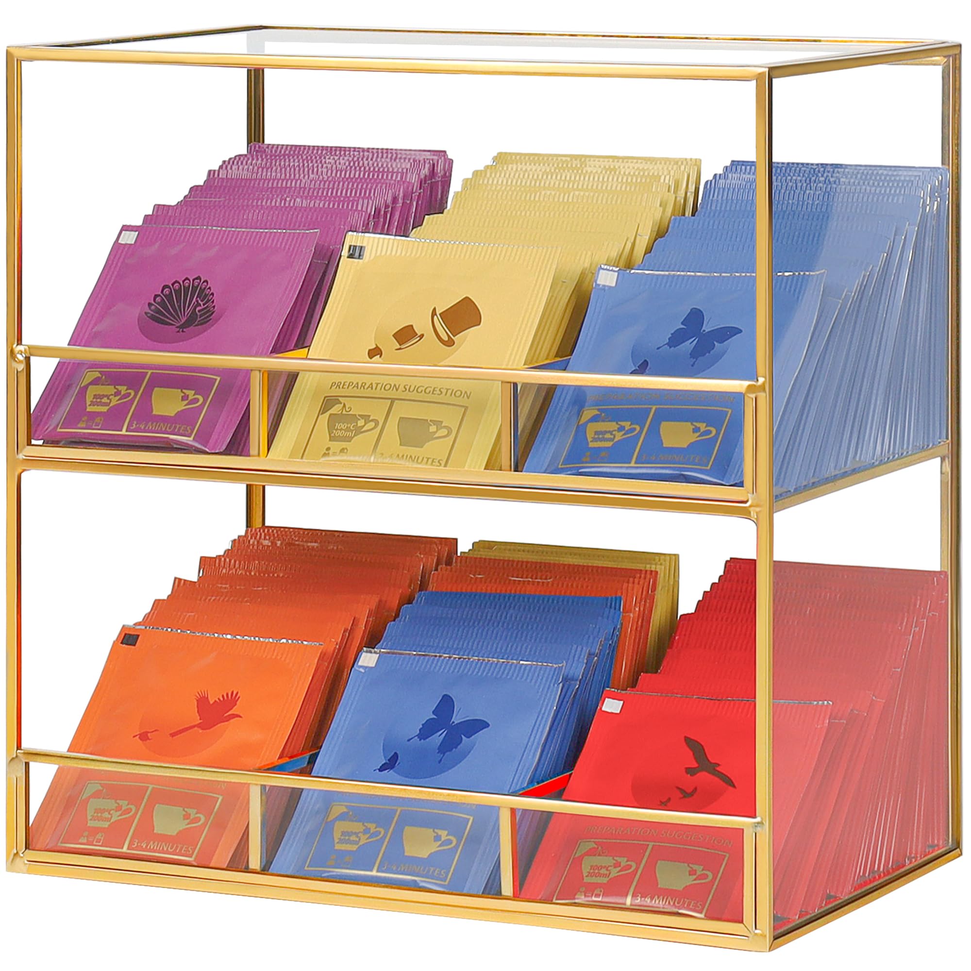 Photo 1 of REDHUGO Glass Tea Bag Organizer for Counter, 2-Tier Teabag Organizer Storage Holder for Tea Bags, Glass Caddy Box Containers, Rack Teabag Station Stand for Cabinet Kitchen, 2-Tier, Gold