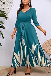 Runwind Plus Size wrap Dress Sexy 3/4 Sleeve V Neck