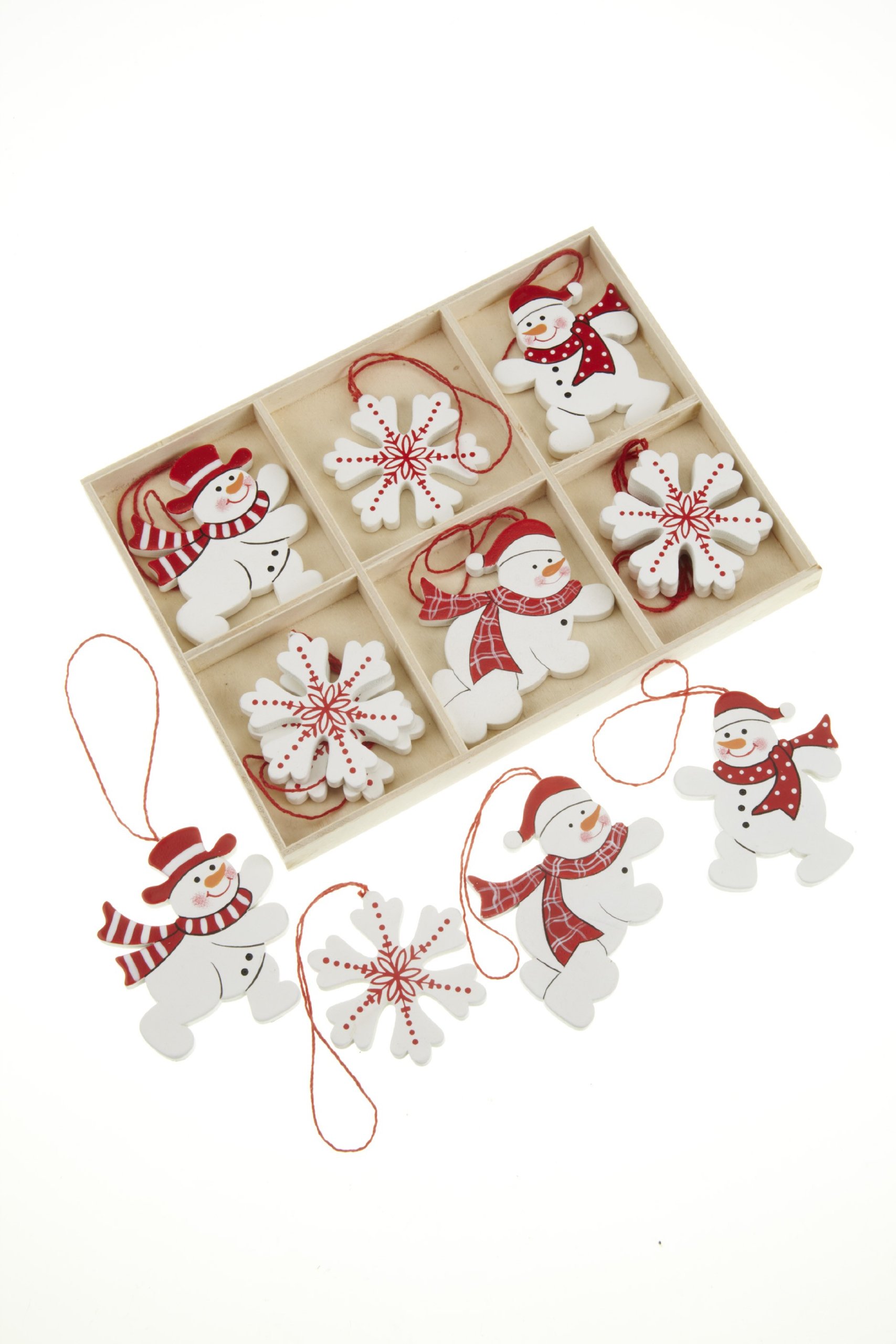 Christmas Tree Decorations - Wooden Painted Snowman and Star - Set of 12 (PEA070)