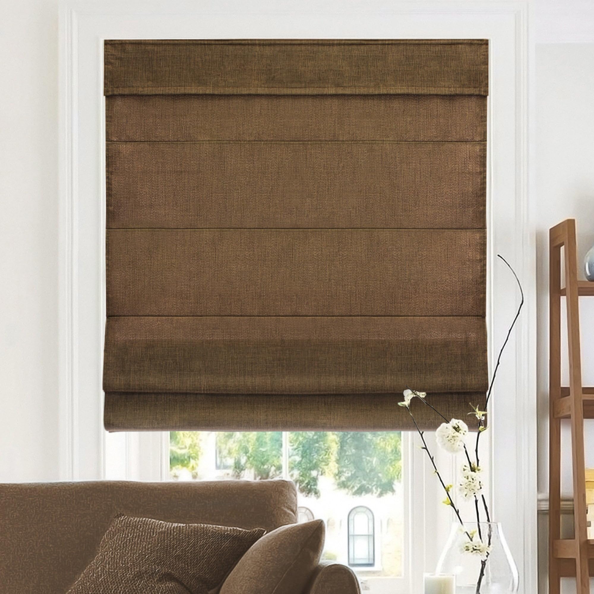 CHICOLOGY - RMBC3464 Cordless Roman Shades Cross-Hatched Modern Fabric Cascade Window Blind Treatment, 34"W X 64"H, Belgian Chocolate (Privacy & Light Filtering)
